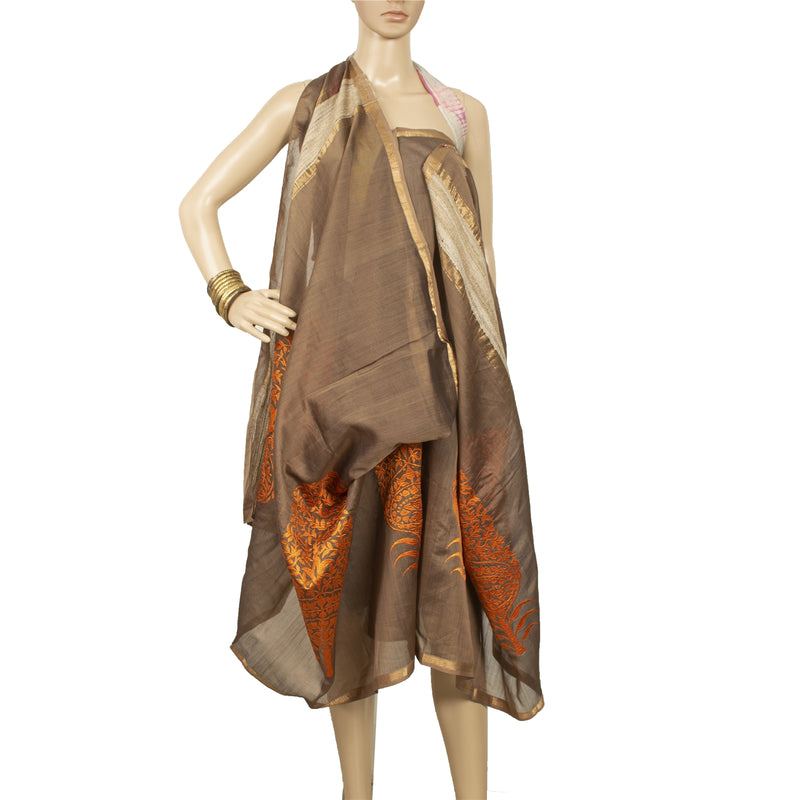 Sanskriti Vintage Long Brown Dupatta/Stole Pure Chanderi Silk Embroidered Woven