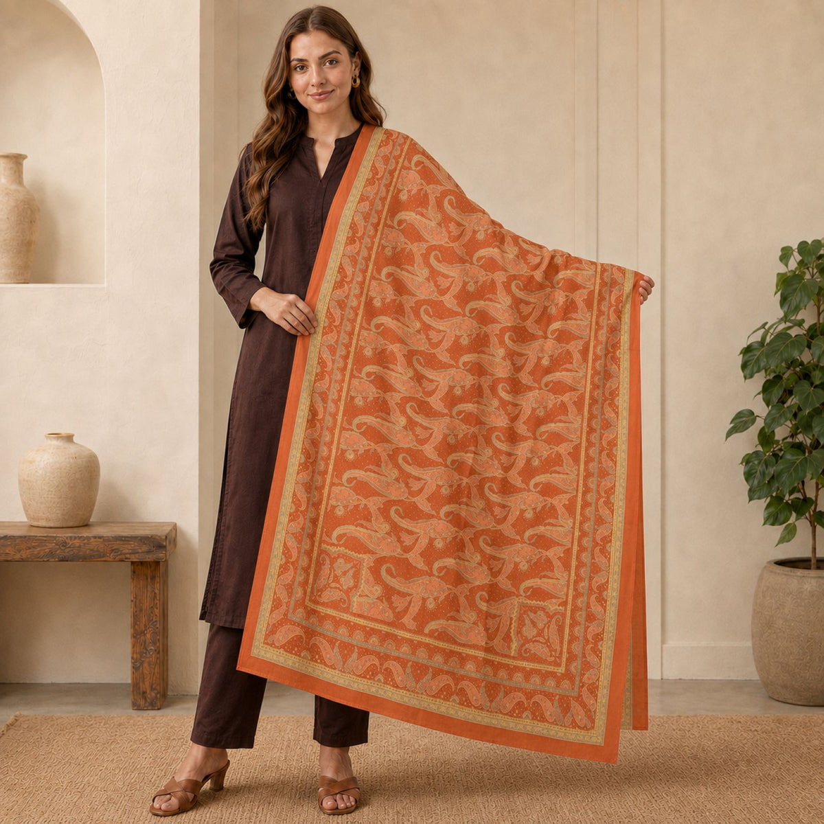Sanskriti Vintage Mukeish Work-Printed Pure Crepe Long Dupatta/Stole Orange Veil