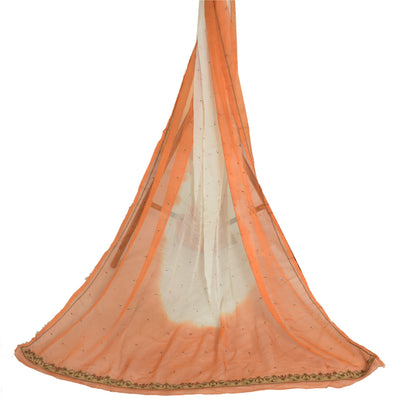 Sanskriti Vintage Embroidered Pure Chiffon Silk Long Dupatta Stole Orange-Ivory
