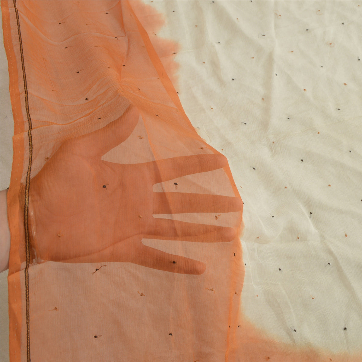 Sanskriti Vintage Embroidered Pure Chiffon Silk Long Dupatta Stole Orange-Ivory
