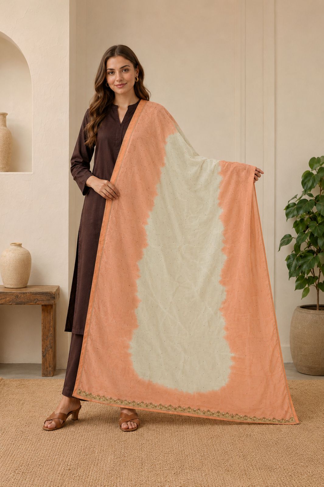 Sanskriti Vintage Embroidered Pure Chiffon Silk Long Dupatta Stole Orange-Ivory