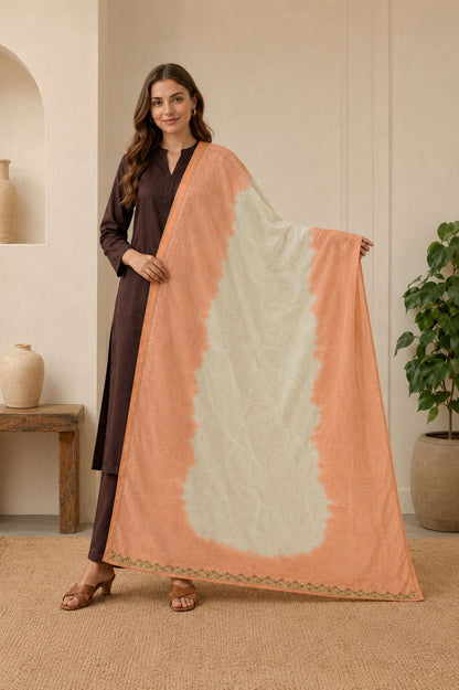 Sanskriti Vintage Embroidered Pure Chiffon Silk Long Dupatta Stole Orange-Ivory