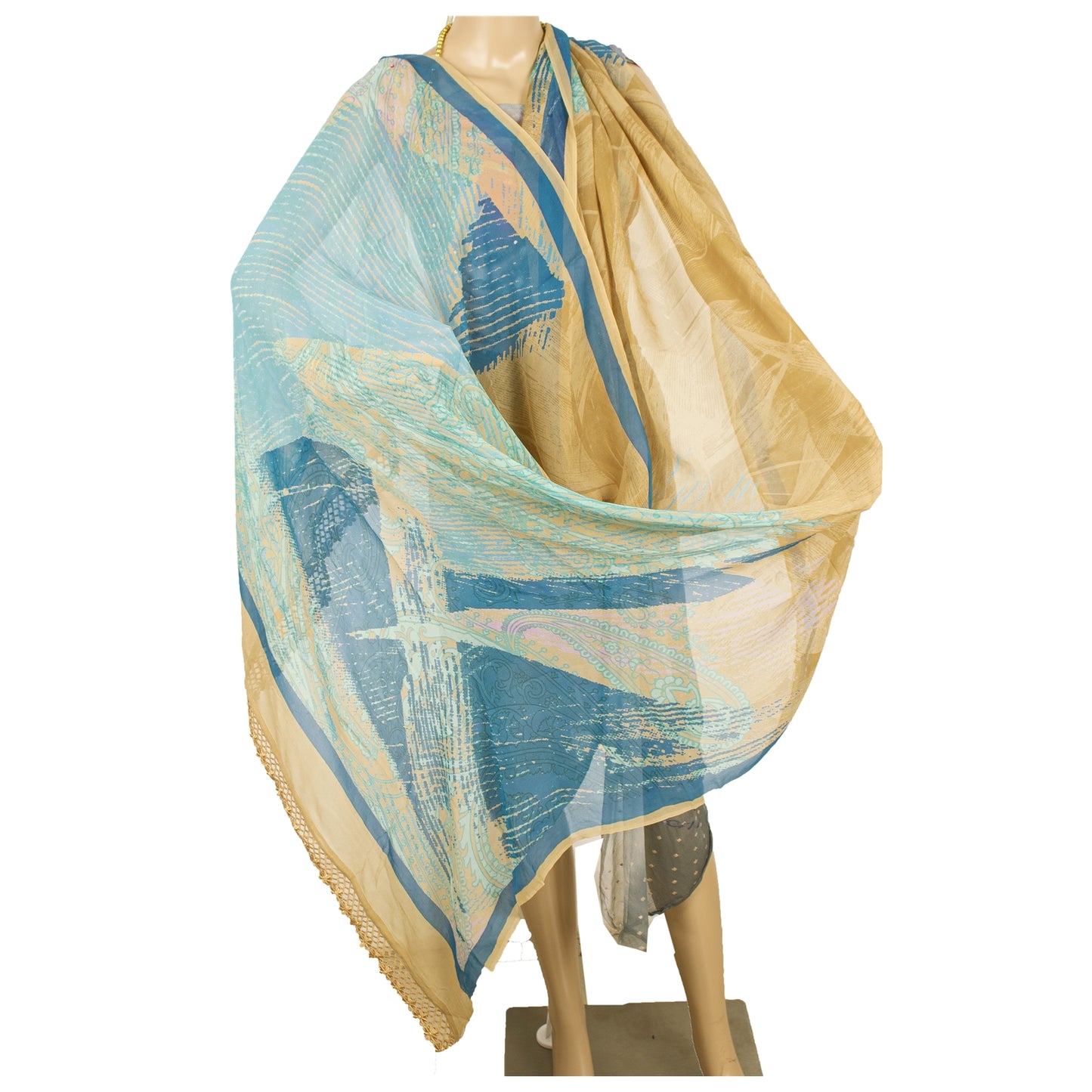 Sanskriti Vintage Long Beige & Blue Dupatta/Stole Pure Georgette Printed Veil
