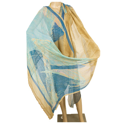 Sanskriti Vintage Long Beige & Blue Dupatta/Stole Pure Georgette Printed Veil