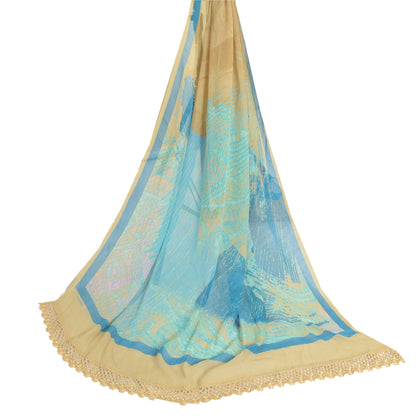 Sanskriti Vintage Long Beige & Blue Dupatta/Stole Pure Georgette Printed Veil