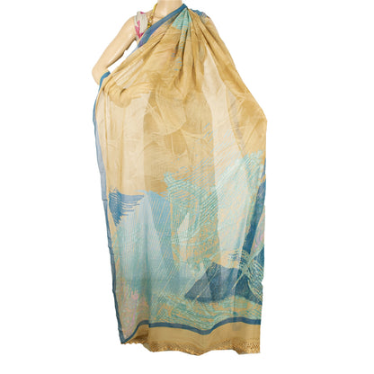 Sanskriti Vintage Long Beige & Blue Dupatta/Stole Pure Georgette Printed Veil