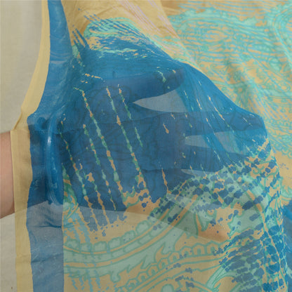 Sanskriti Vintage Long Beige & Blue Dupatta/Stole Pure Georgette Printed Veil