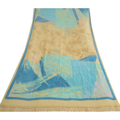 Sanskriti Vintage Long Beige & Blue Dupatta/Stole Pure Georgette Printed Veil