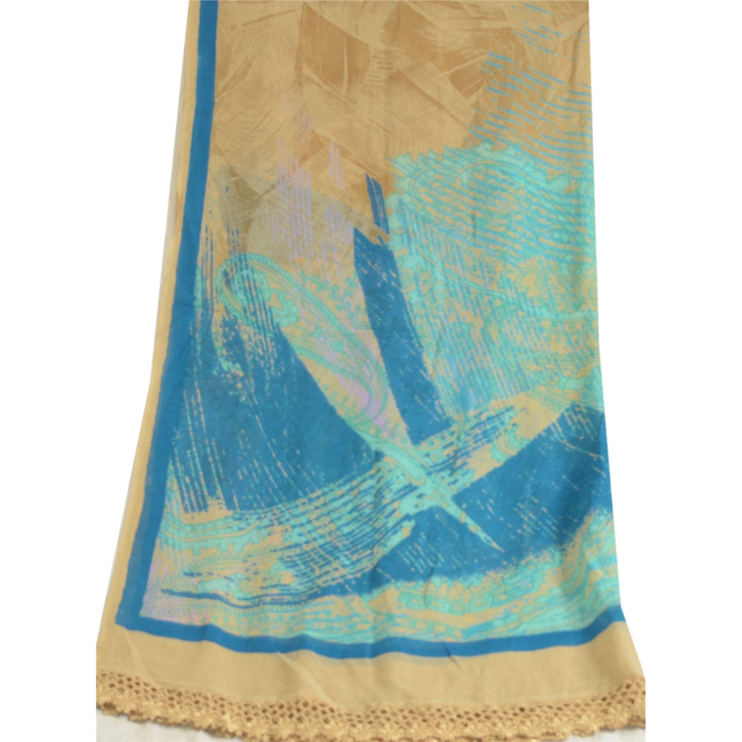 Sanskriti Vintage Long Beige & Blue Dupatta/Stole Pure Georgette Printed Veil