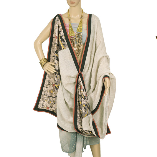 Sanskriti Vintage Long Dupatta Stole Pure Cotton Ivory Kalamkari Patch Wok Hijab