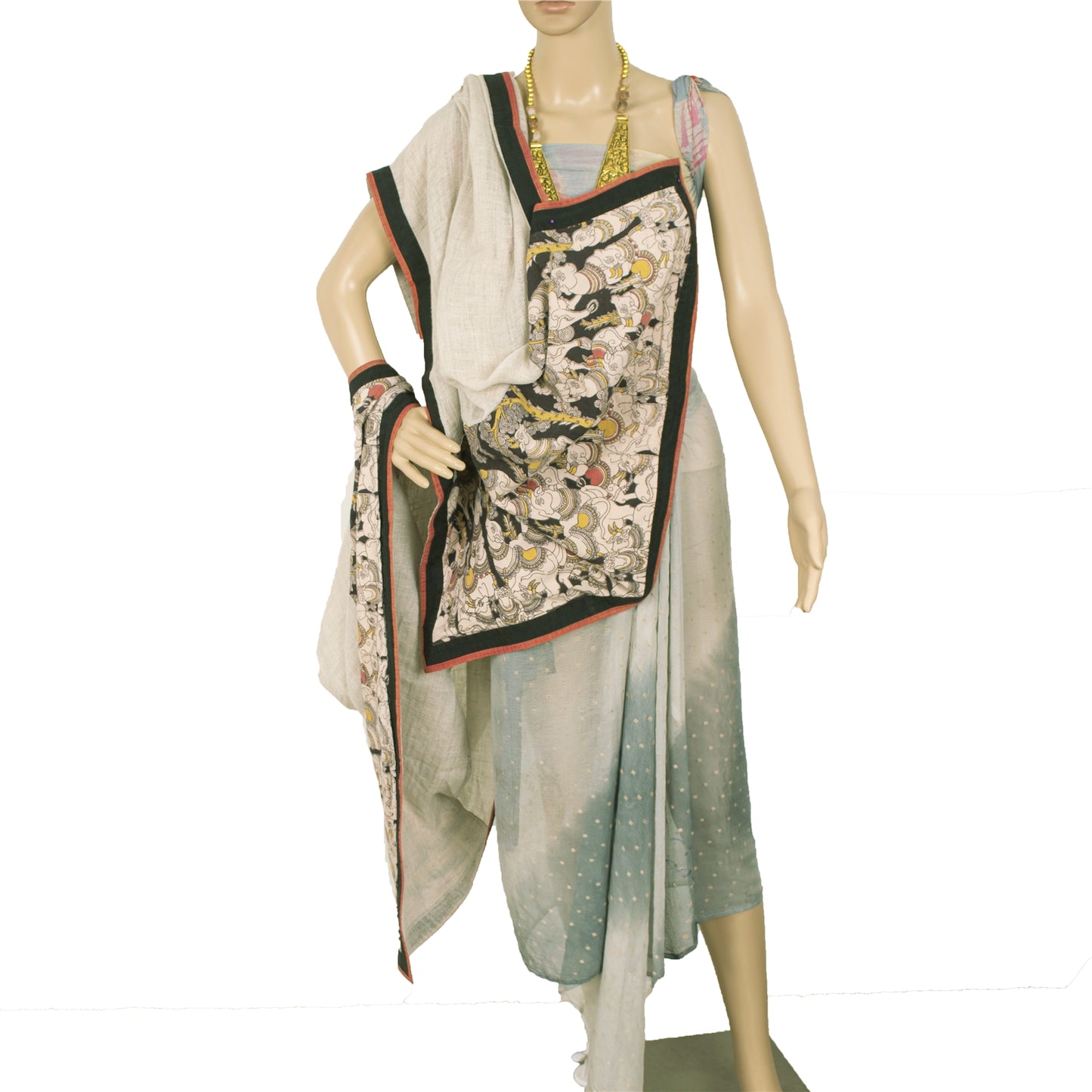 Sanskriti Vintage Long Dupatta Stole Pure Cotton Ivory Kalamkari Patch Wok Hijab