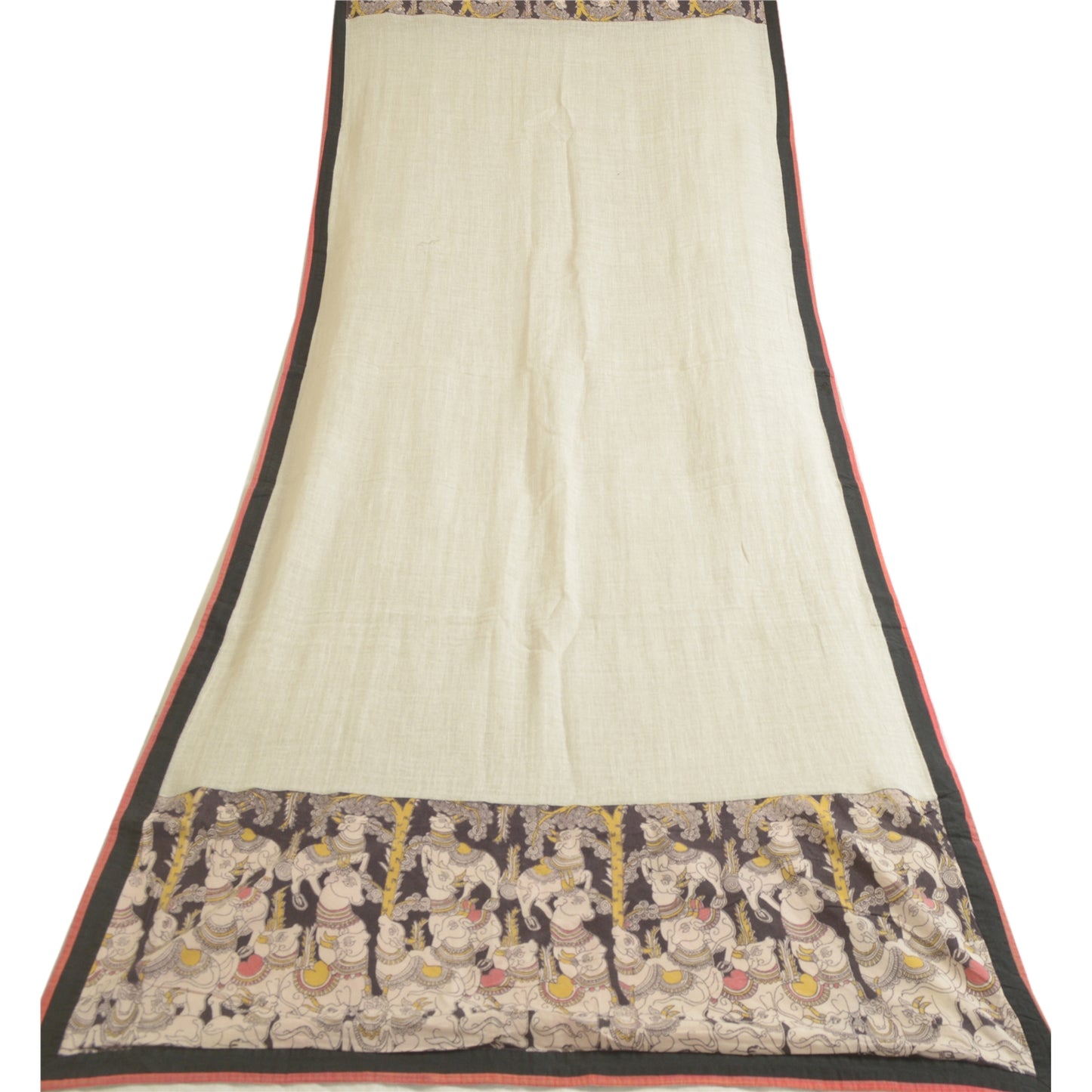 Sanskriti Vintage Long Dupatta Stole Pure Cotton Ivory Kalamkari Patch Wok Hijab