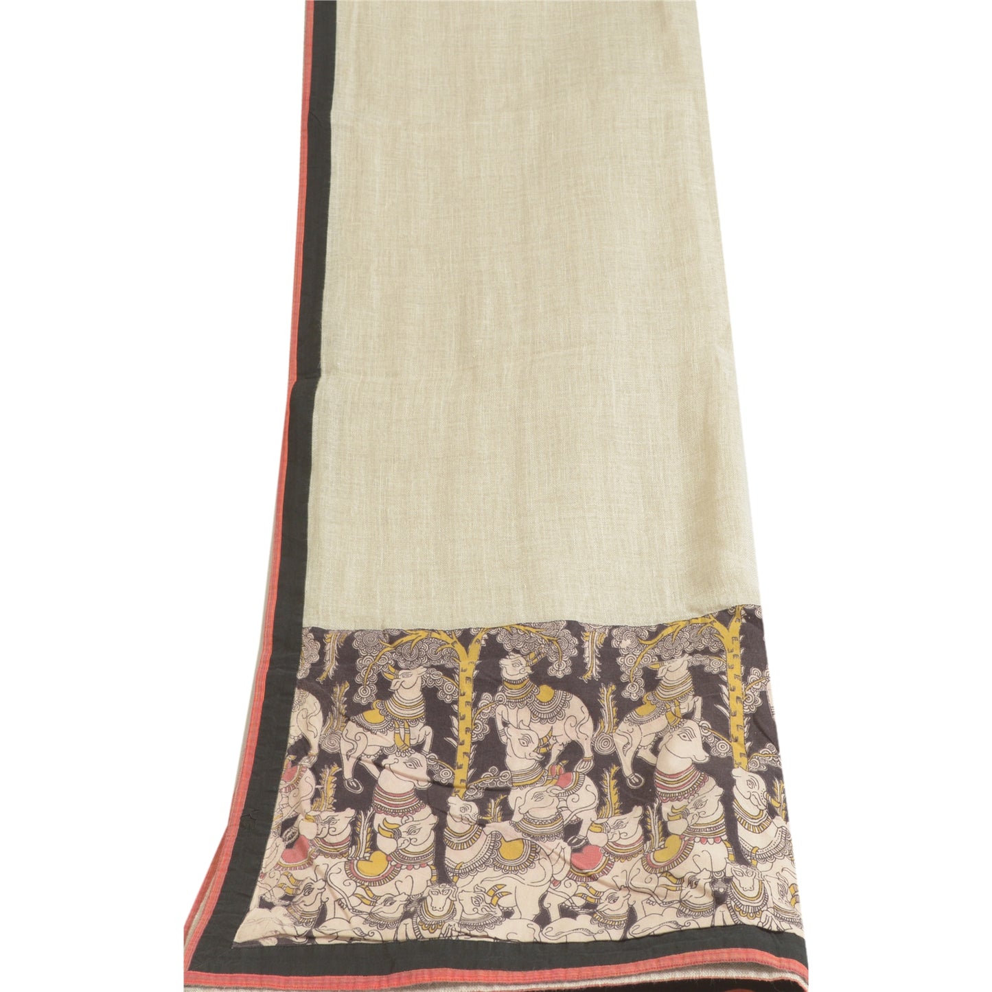 Sanskriti Vintage Long Dupatta Stole Pure Cotton Ivory Kalamkari Patch Wok Hijab