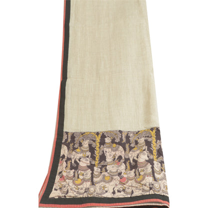 Sanskriti Vintage Long Dupatta Stole Pure Cotton Ivory Kalamkari Patch Wok Hijab