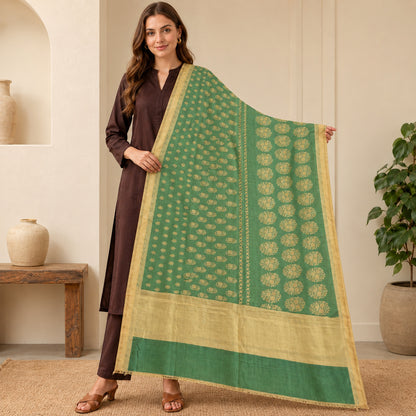 Sanskriti Vintage Block Printed-Woven Cotton Silk Dupatta Long Stole Green Veil