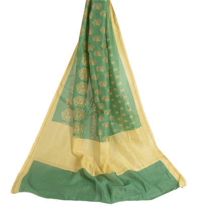 Sanskriti Vintage Block Printed-Woven Cotton Silk Dupatta Long Stole Green Veil