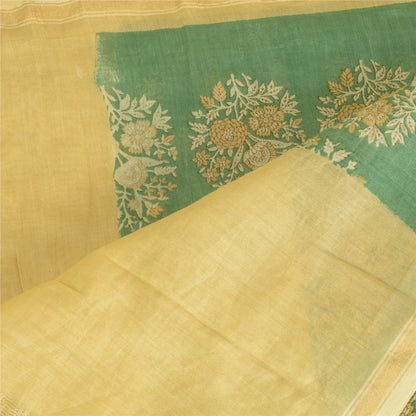 Sanskriti Vintage Block Printed-Woven Cotton Silk Dupatta Long Stole Green Veil