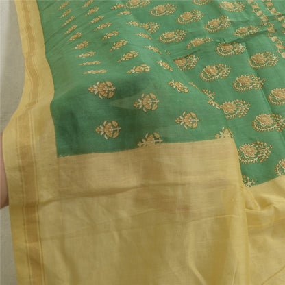 Sanskriti Vintage Block Printed-Woven Cotton Silk Dupatta Long Stole Green Veil