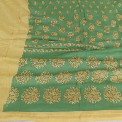 Sanskriti Vintage Block Printed-Woven Cotton Silk Dupatta Long Stole Green Veil