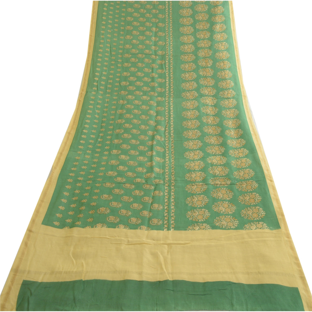 Sanskriti Vintage Block Printed-Woven Cotton Silk Dupatta Long Stole Green Veil