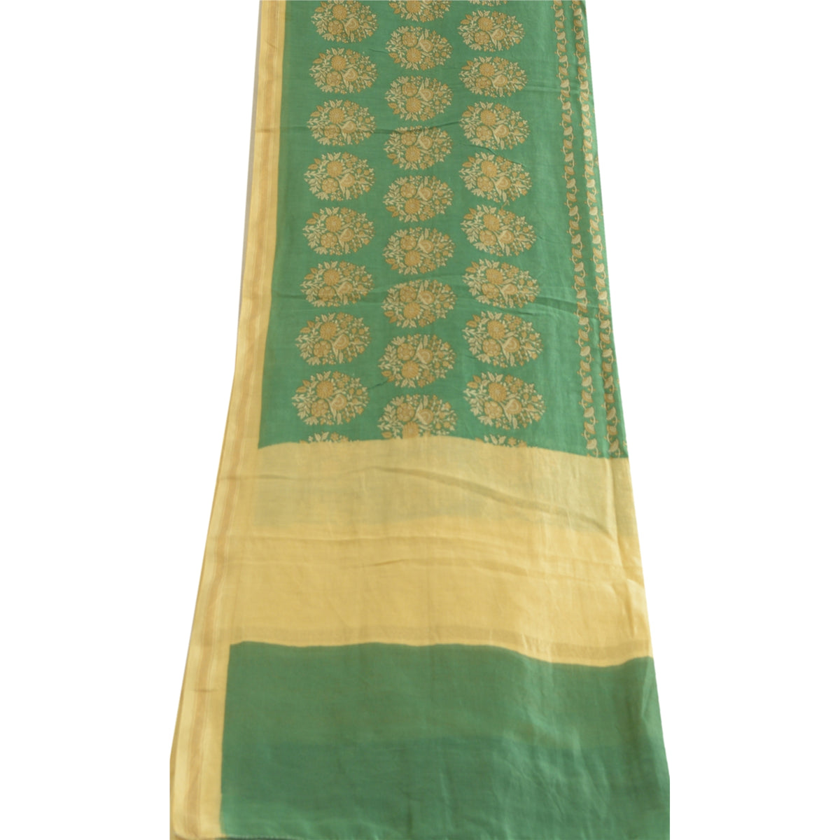 Sanskriti Vintage Block Printed-Woven Cotton Silk Dupatta Long Stole Green Veil