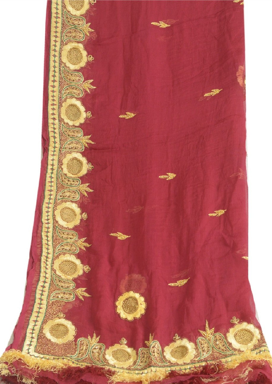 Sanskriti Vintage Long Dark Red Dupatta/Stole Pure Chiffon Silk Hand Beaded Veil