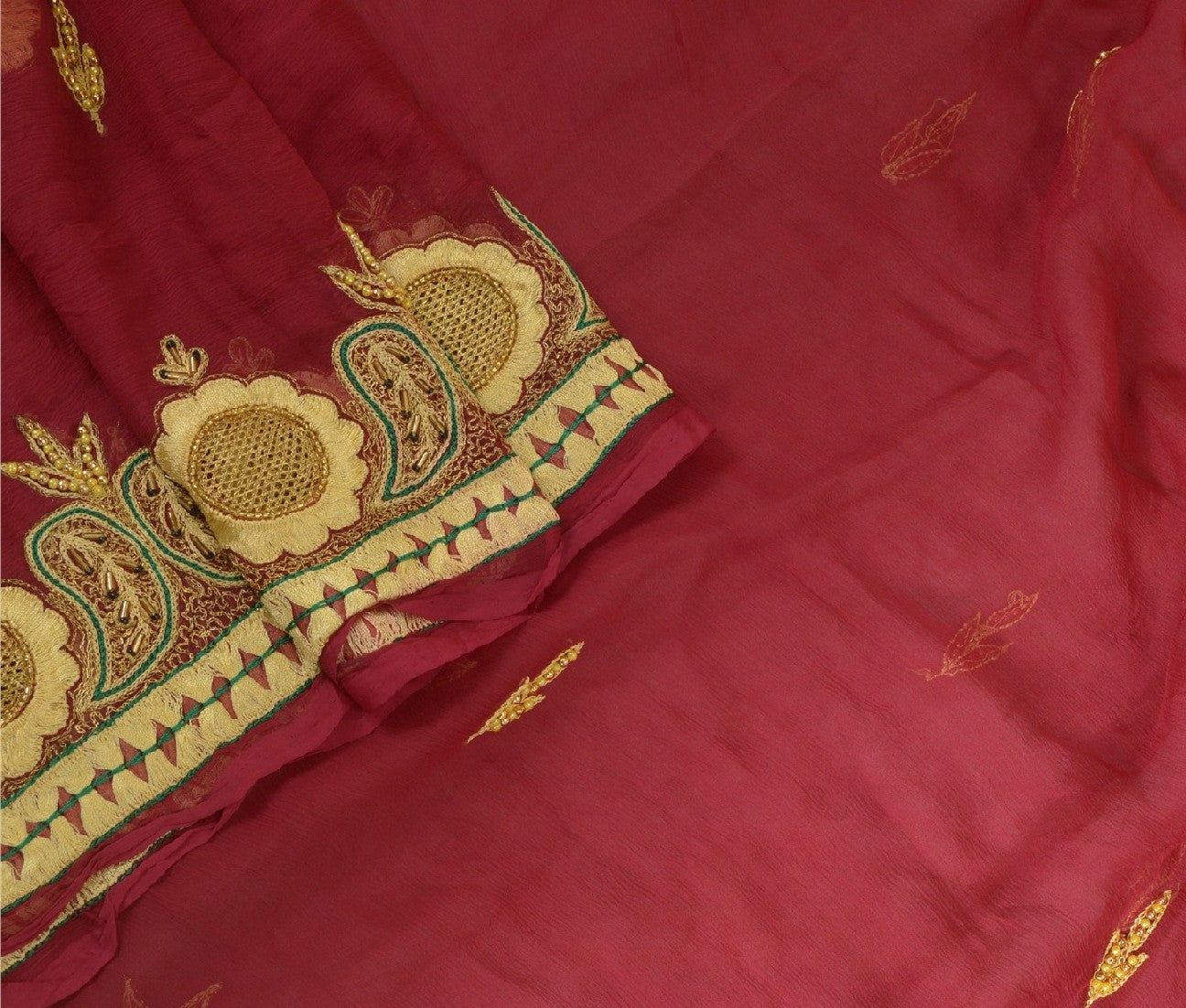 Sanskriti Vintage Long Dark Red Dupatta/Stole Pure Chiffon Silk Hand Beaded Veil