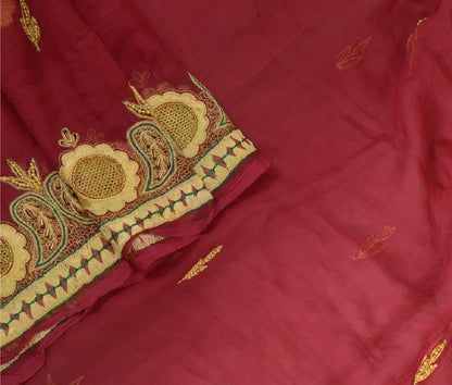 Sanskriti Vintage Long Dark Red Dupatta/Stole Pure Chiffon Silk Hand Beaded Veil