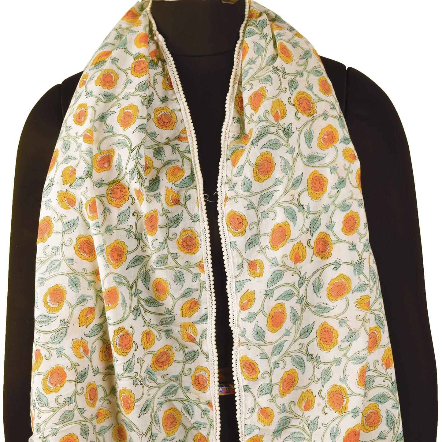 Sanskriti Vintage Long Dupatta Stole Pure Cotton White Hijab Block Print Scarves