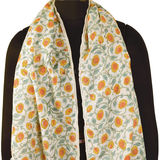 Sanskriti Vintage Long Dupatta Stole Pure Cotton White Hijab Block Print Scarves