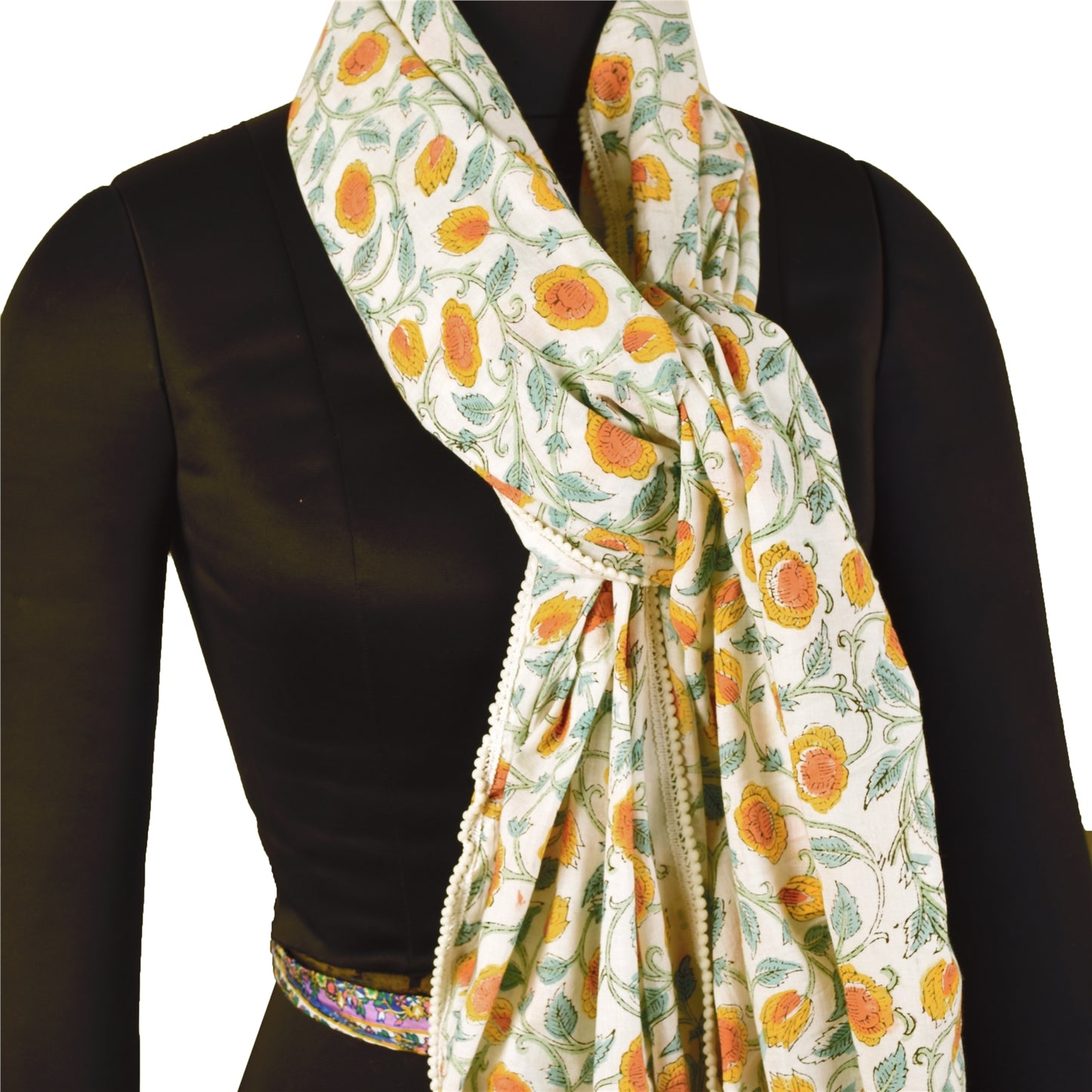 Sanskriti Vintage Long Dupatta Stole Pure Cotton White Hijab Block Print Scarves