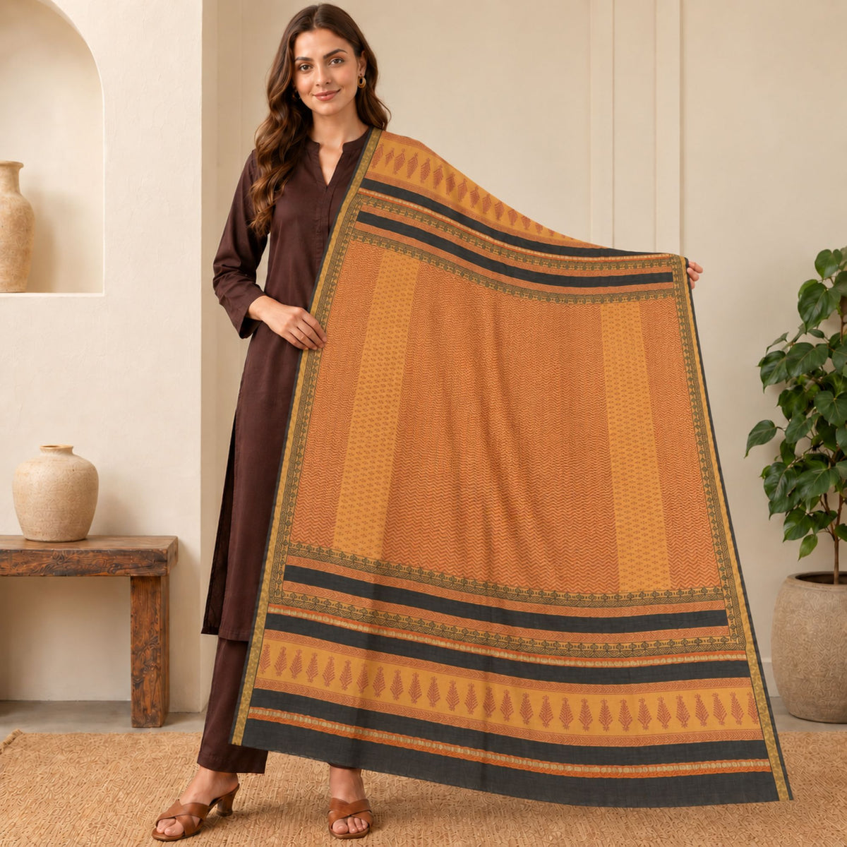 Sanskriti Vintage Chanderi Hand-Block Print Cotton Silk Dupatta Mustard Stole