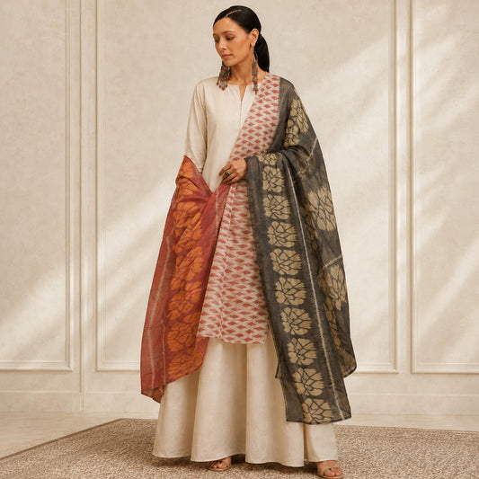 Sanskriti Vintage Chanderi Ikat Hand Woven Long Dupatta Stole Cotton Multicolor
