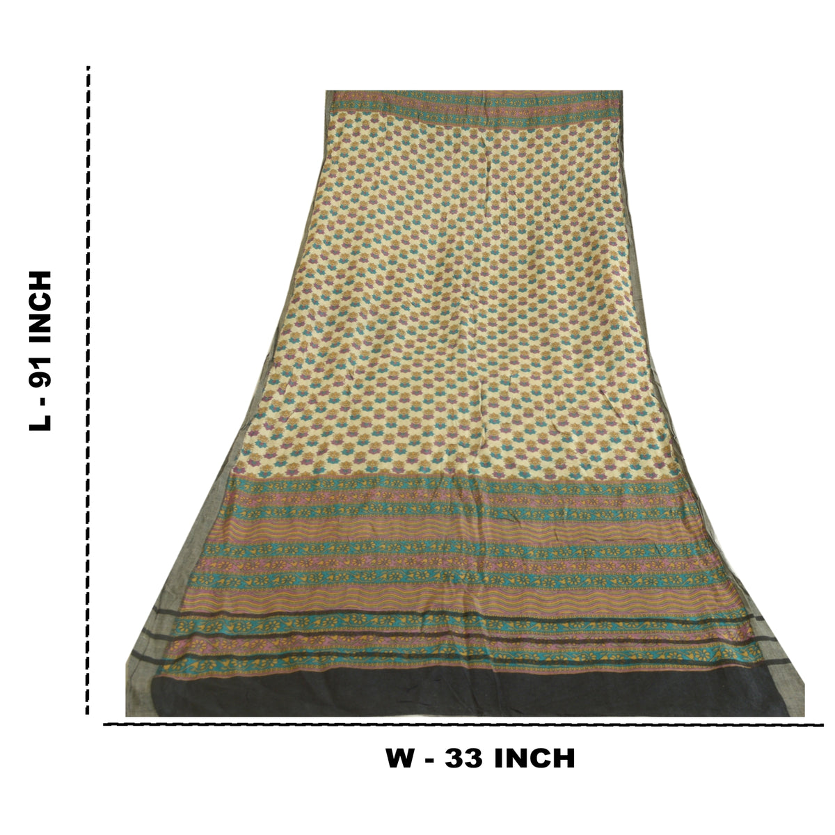 Sanskriti Vintage Block Print Pure Woolen Long Dupatta Stole Ivory-Green Shawl