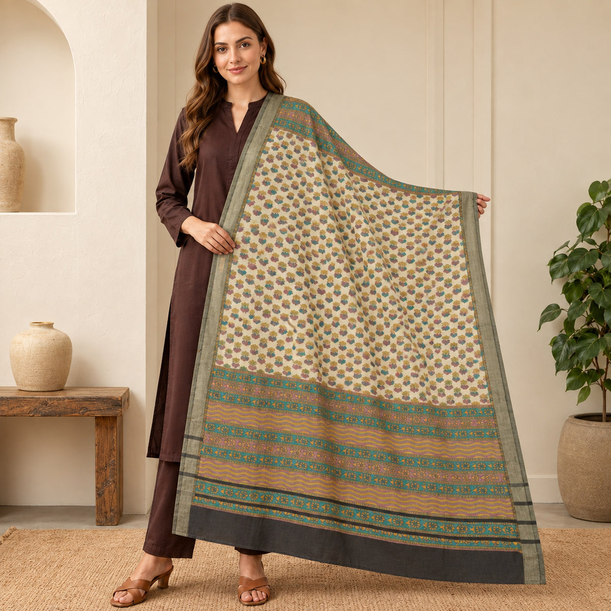 Sanskriti Vintage Block Print Pure Woolen Long Dupatta Stole Ivory-Green Shawl