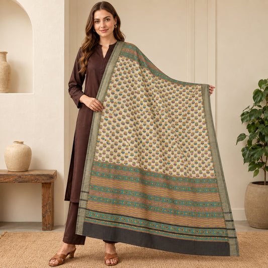 Sanskriti Vintage Block Print Pure Woolen Long Dupatta Stole Ivory-Green Shawl