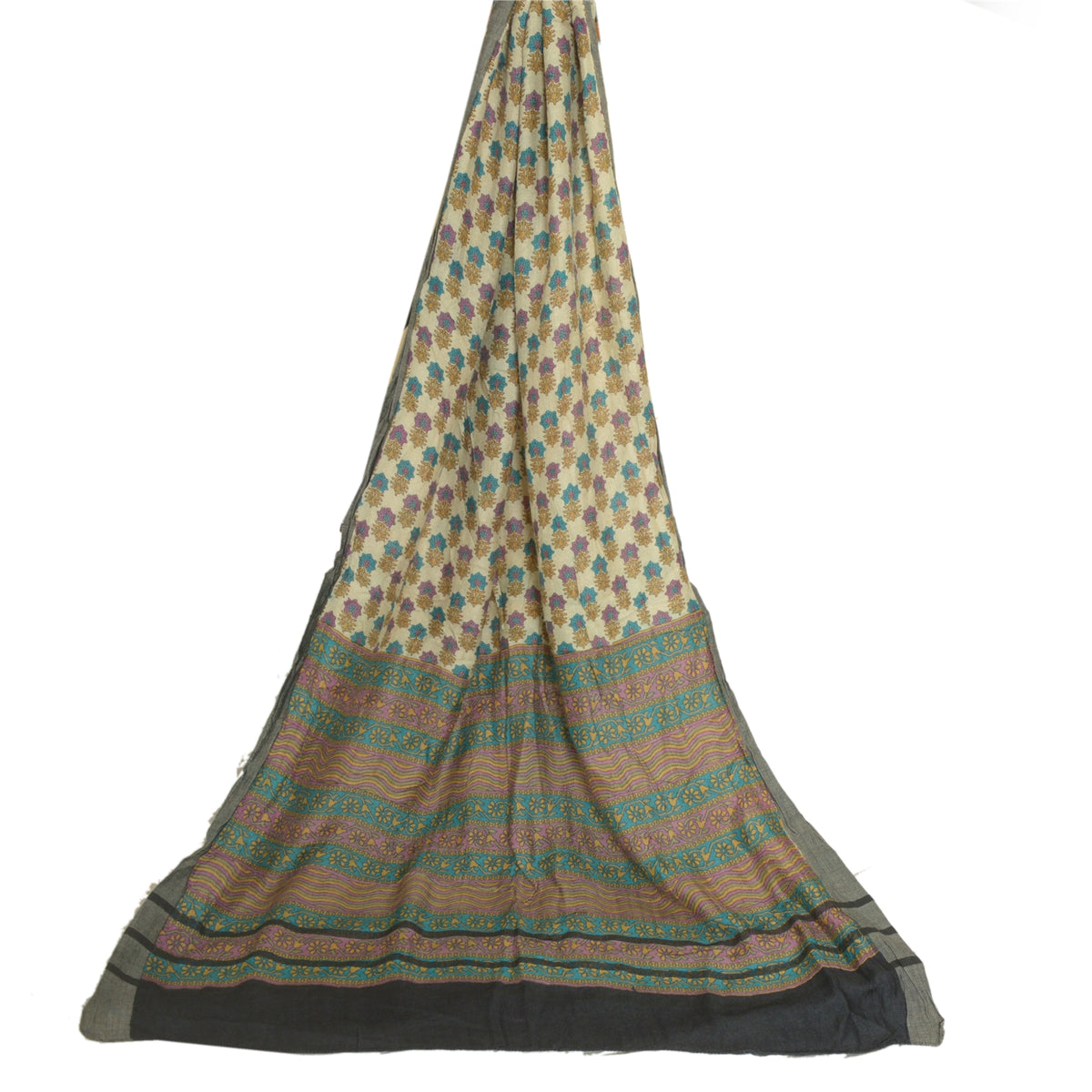 Sanskriti Vintage Block Print Pure Woolen Long Dupatta Stole Ivory-Green Shawl