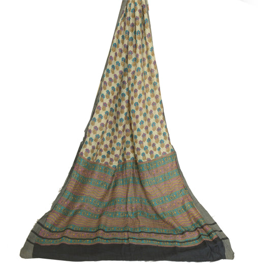 Sanskriti Vintage Block Print Pure Woolen Long Dupatta Stole Ivory-Green Shawl