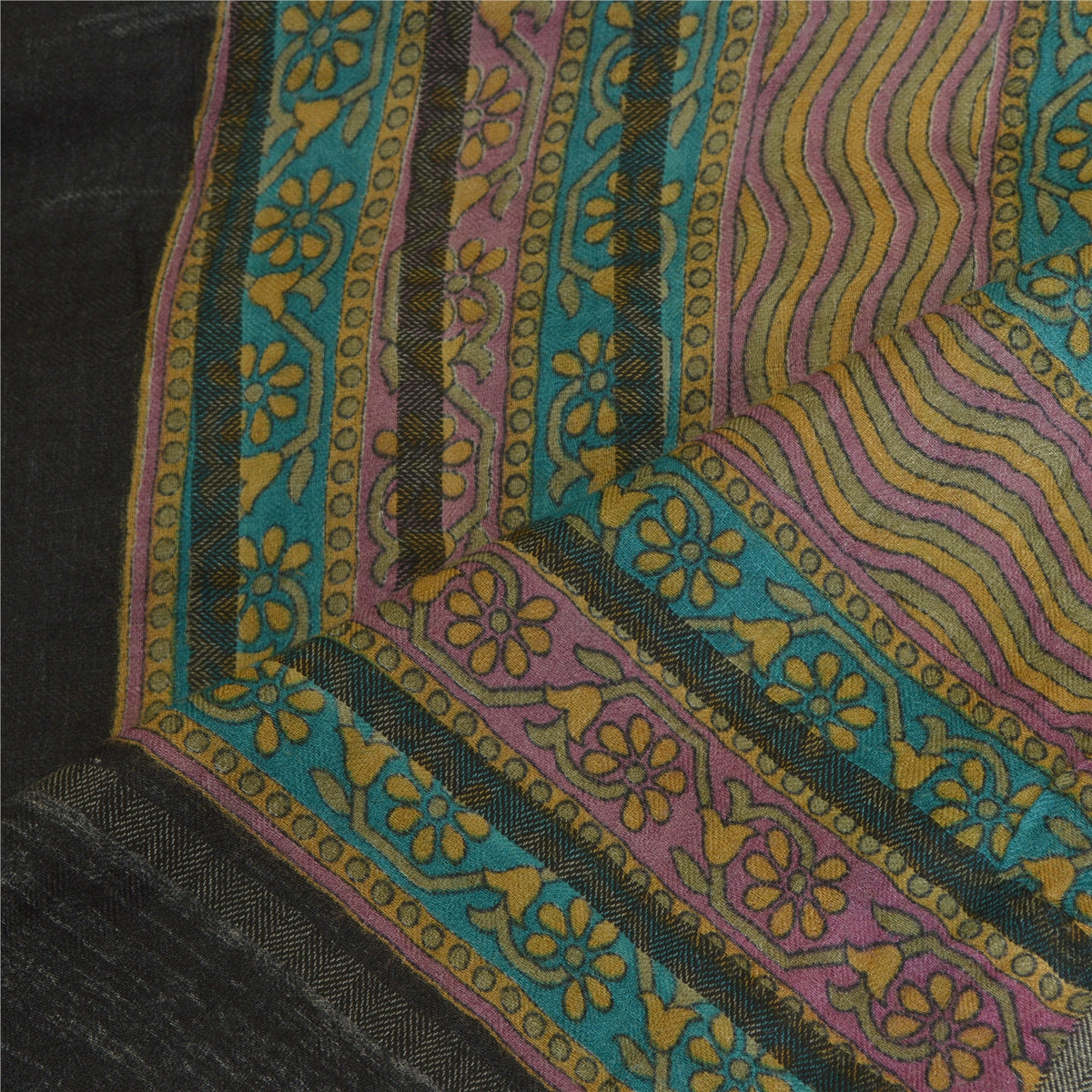 Sanskriti Vintage Block Print Pure Woolen Long Dupatta Stole Ivory-Green Shawl