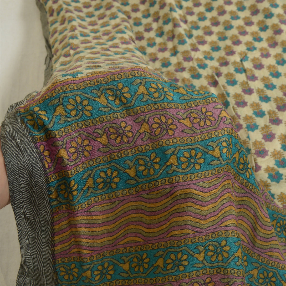 Sanskriti Vintage Block Print Pure Woolen Long Dupatta Stole Ivory-Green Shawl
