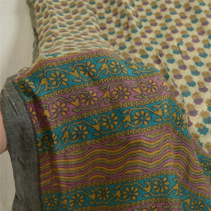 Sanskriti Vintage Block Print Pure Woolen Long Dupatta Stole Ivory-Green Shawl