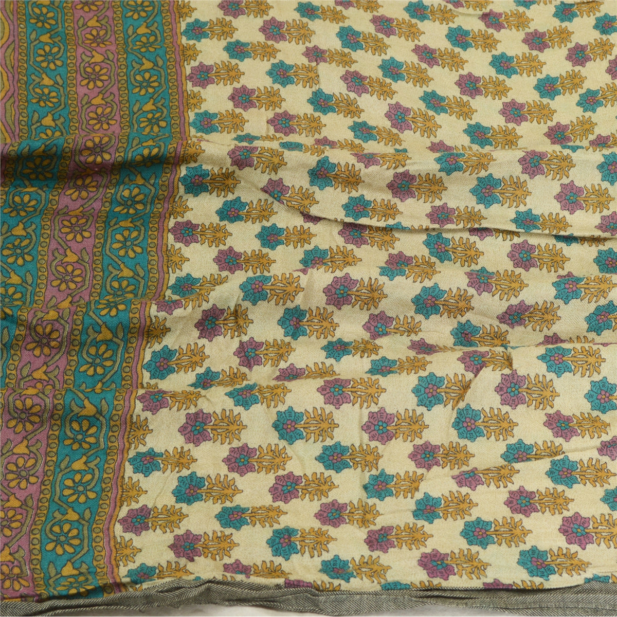 Sanskriti Vintage Block Print Pure Woolen Long Dupatta Stole Ivory-Green Shawl