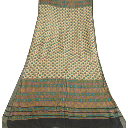 Sanskriti Vintage Block Print Pure Woolen Long Dupatta Stole Ivory-Green Shawl