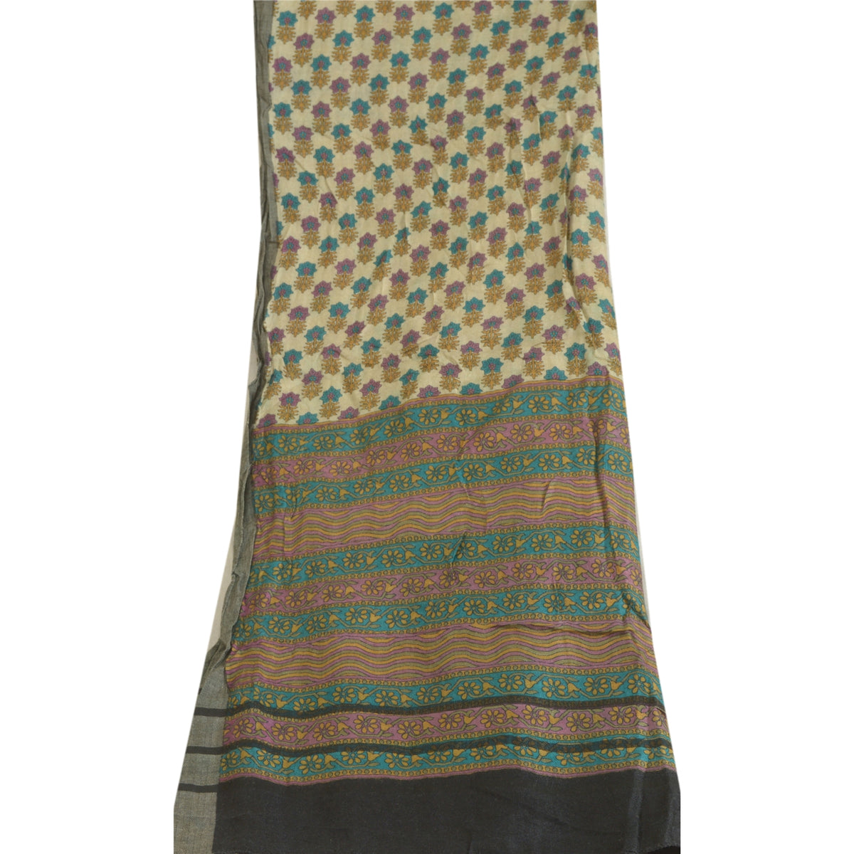 Sanskriti Vintage Block Print Pure Woolen Long Dupatta Stole Ivory-Green Shawl