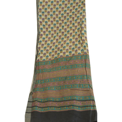 Sanskriti Vintage Block Print Pure Woolen Long Dupatta Stole Ivory-Green Shawl