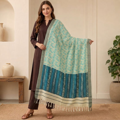 Sanskriti Vintage Abstract Print Pure Woolen Long Dupatta Stole Ivory-Blue Wrap