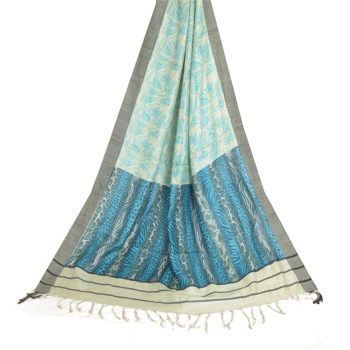 Sanskriti Vintage Ivory/Blue Long Dupatta Stole Pure Woolen Printed Wrap Shawl