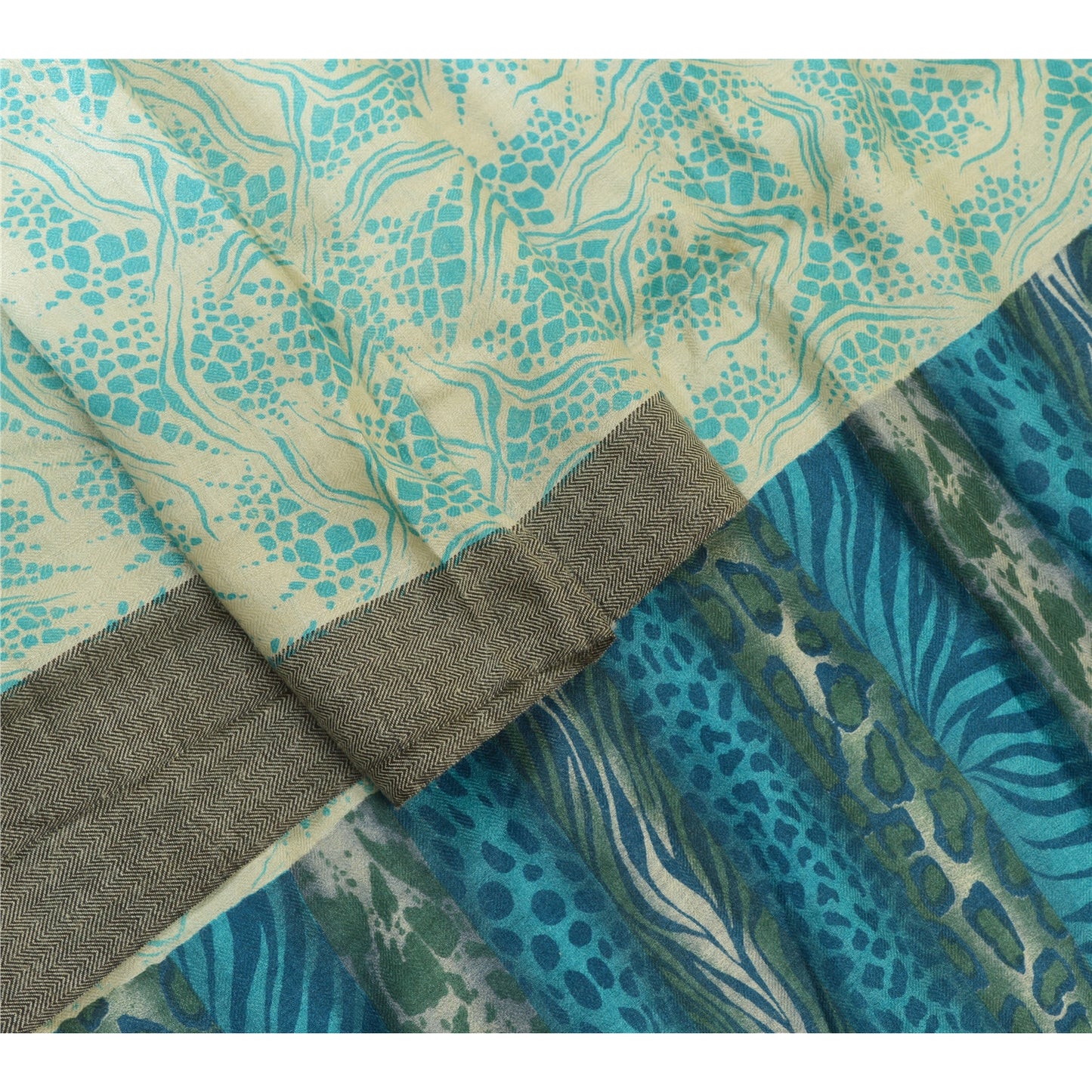 Sanskriti Vintage Ivory/Blue Long Dupatta Stole Pure Woolen Printed Wrap Shawl