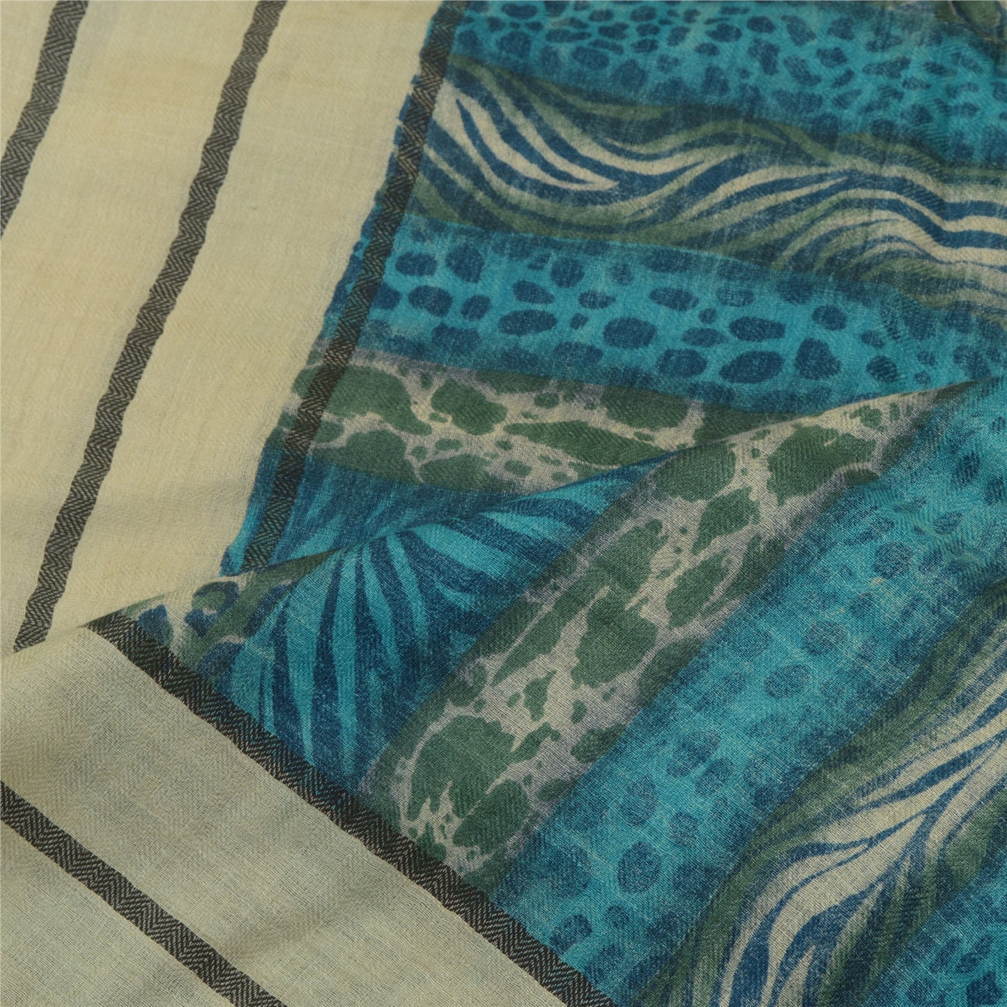 Sanskriti Vintage Ivory/Blue Long Dupatta Stole Pure Woolen Printed Wrap Shawl