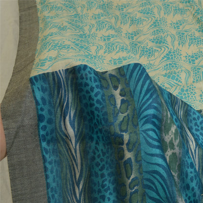 Sanskriti Vintage Ivory/Blue Long Dupatta Stole Pure Woolen Printed Wrap Shawl